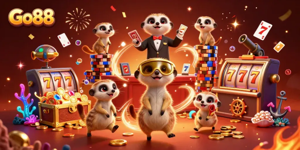 Enjoy thrilling casino action with Go88's vibrant meerkat characters running a dynamic casino scene.
