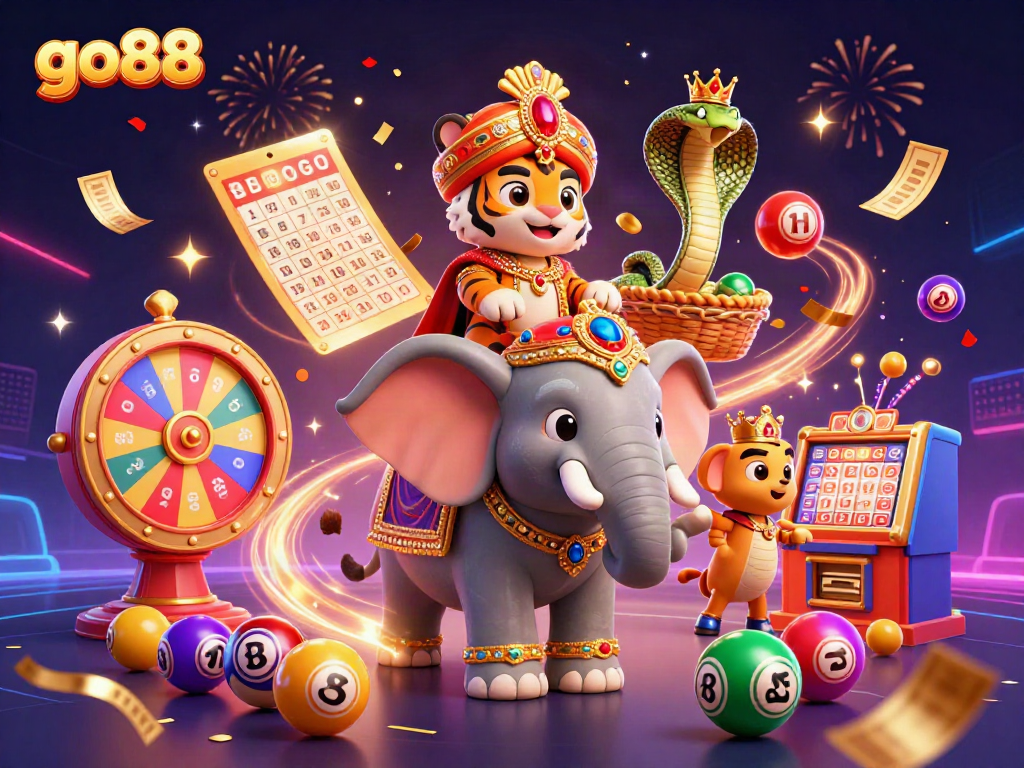 Engage with go88's vibrant energy in this captivating 3D casino illustration showcasing fun and excitement.