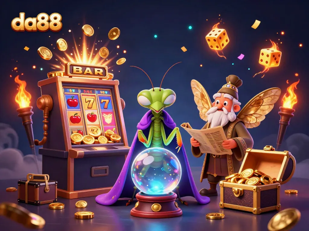 da88 fortune teller and moth librarian surrounded by colorful casino elements.