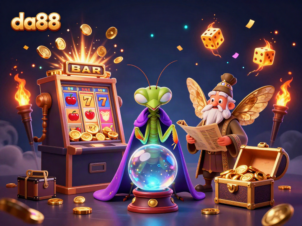 da88 fortune teller and moth librarian surrounded by colorful casino elements.