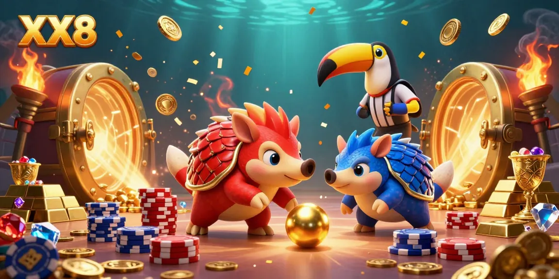 Experience exhilarating gaming with XX8 as rival pangolins bowl over poker chips with shimmering treasures surrounding them.