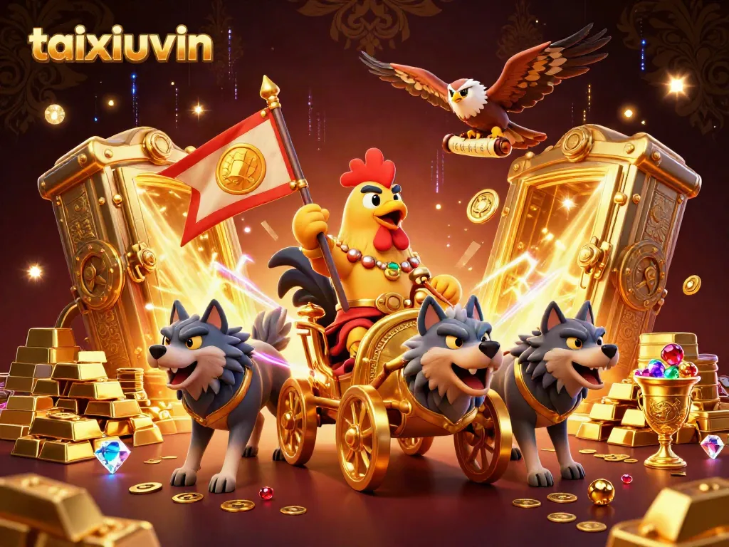 taixiuvin showcases a victorious rooster warlord and gambling treasures in a captivating 3D scene.