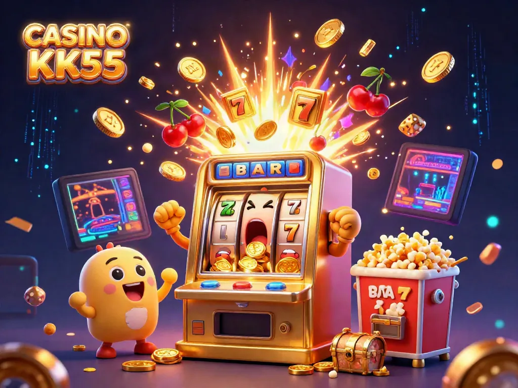 Experience the excitement at CASINO KK55 with a jubilant slot machine celebrating its jackpot win!