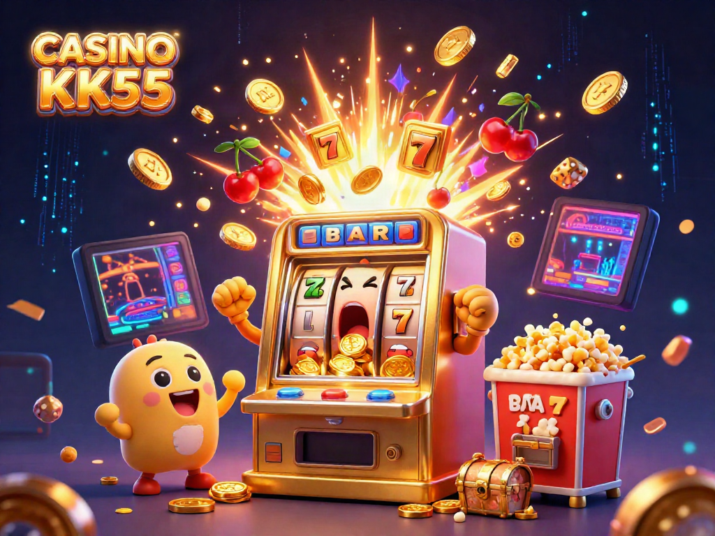 Experience the excitement at CASINO KK55 with a jubilant slot machine celebrating its jackpot win!