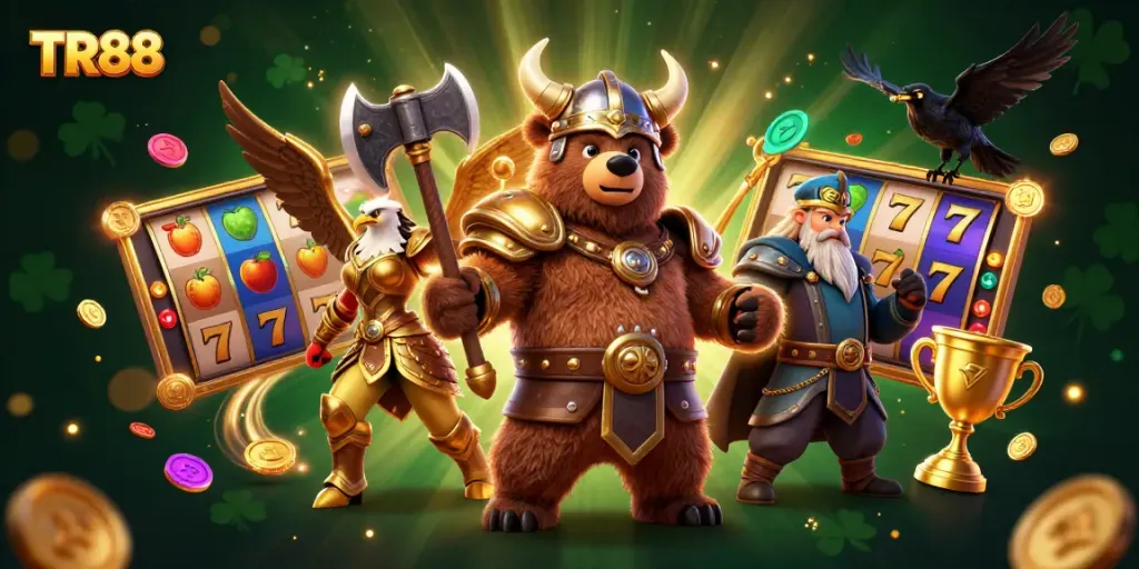 Join the excitement of TR88 slots with a vibrant casino scene featuring a Viking bear and dynamic elements.