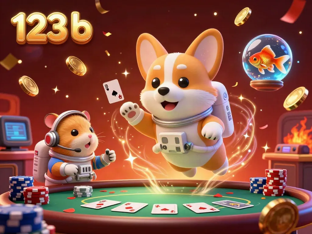 Engaging 3D illustration of 123 b's casino experience with an astronaut corgi and vibrant elements.