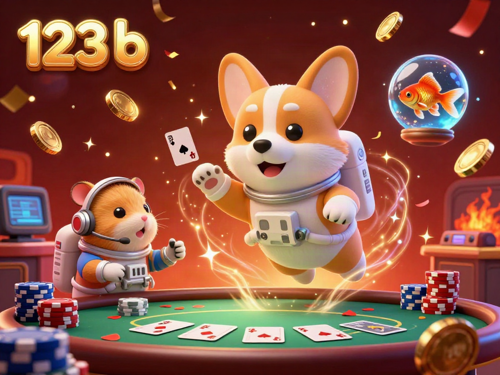 Engaging 3D illustration of 123 b's casino experience with an astronaut corgi and vibrant elements.