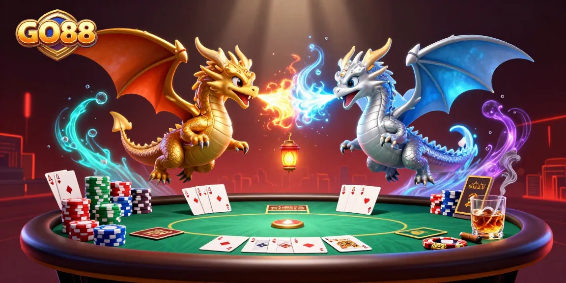 Engage in a thrilling GO88 experience with dragons amidst poker elements in a vibrant casino scene.