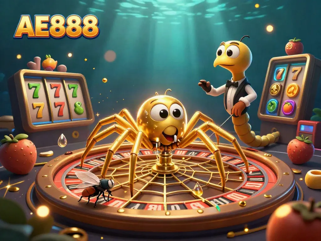 Experience the thrill of AE888 with a giant golden roulette wheel and animated casino characters.