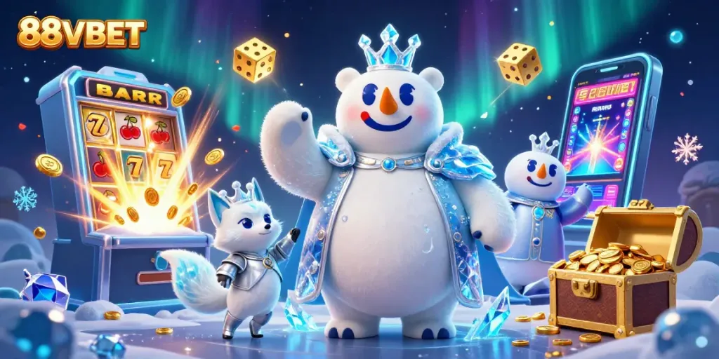 88VBET interactive scene featuring a polar bear and snow fox among dynamic casino elements and vibrant jackpots.