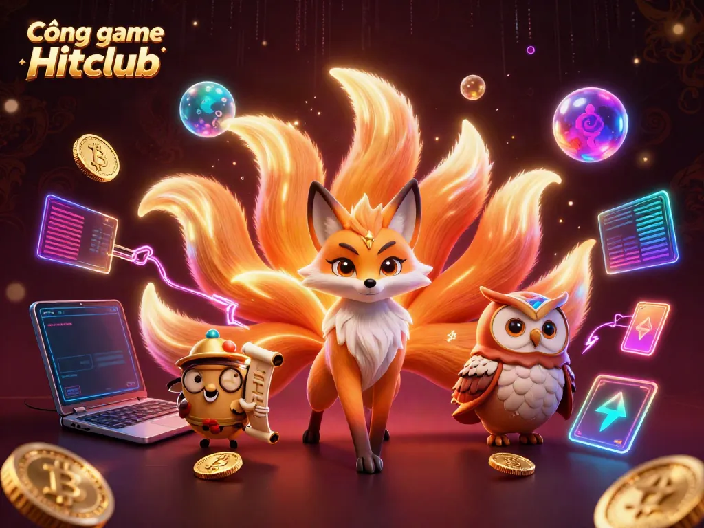 Engage with Cổng game Hitclub featuring vibrant spirit characters immersed in a colorful, dynamic casino environment.
