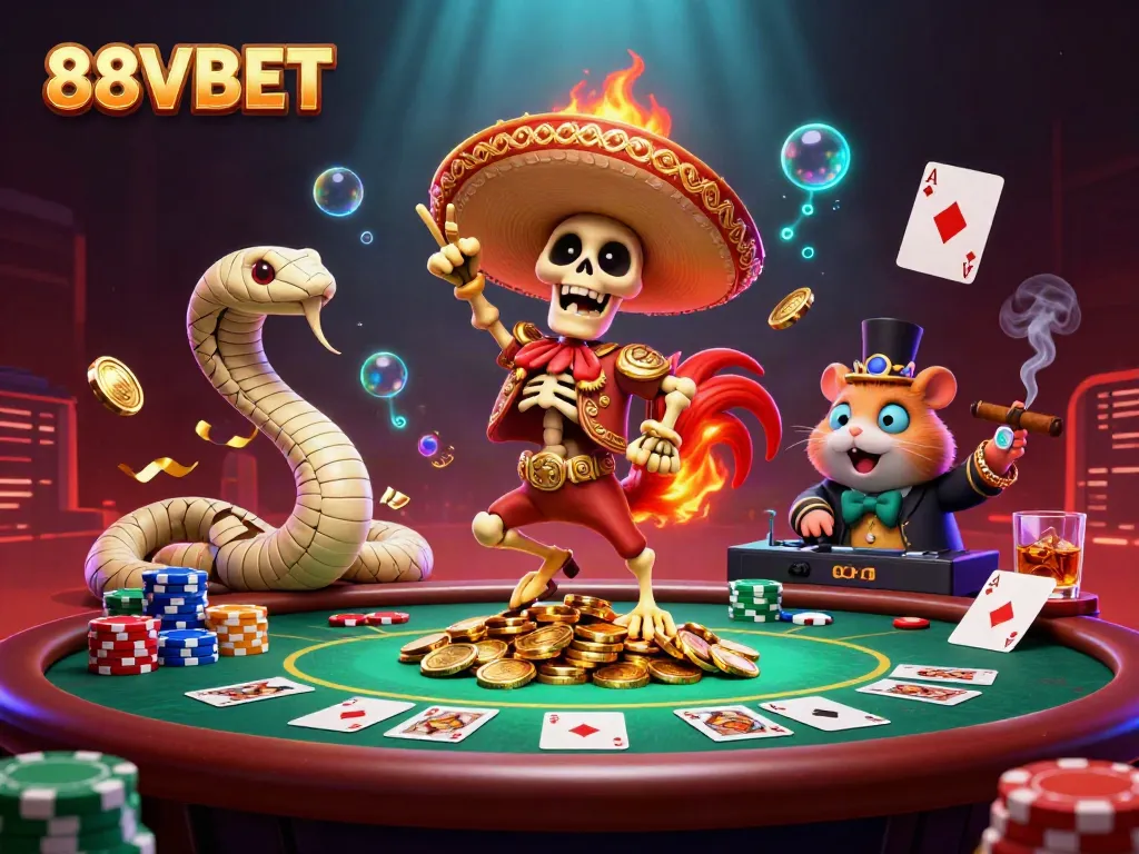 Join the fun at 88VBET, with lively characters celebrating wins amidst dynamic poker elements.