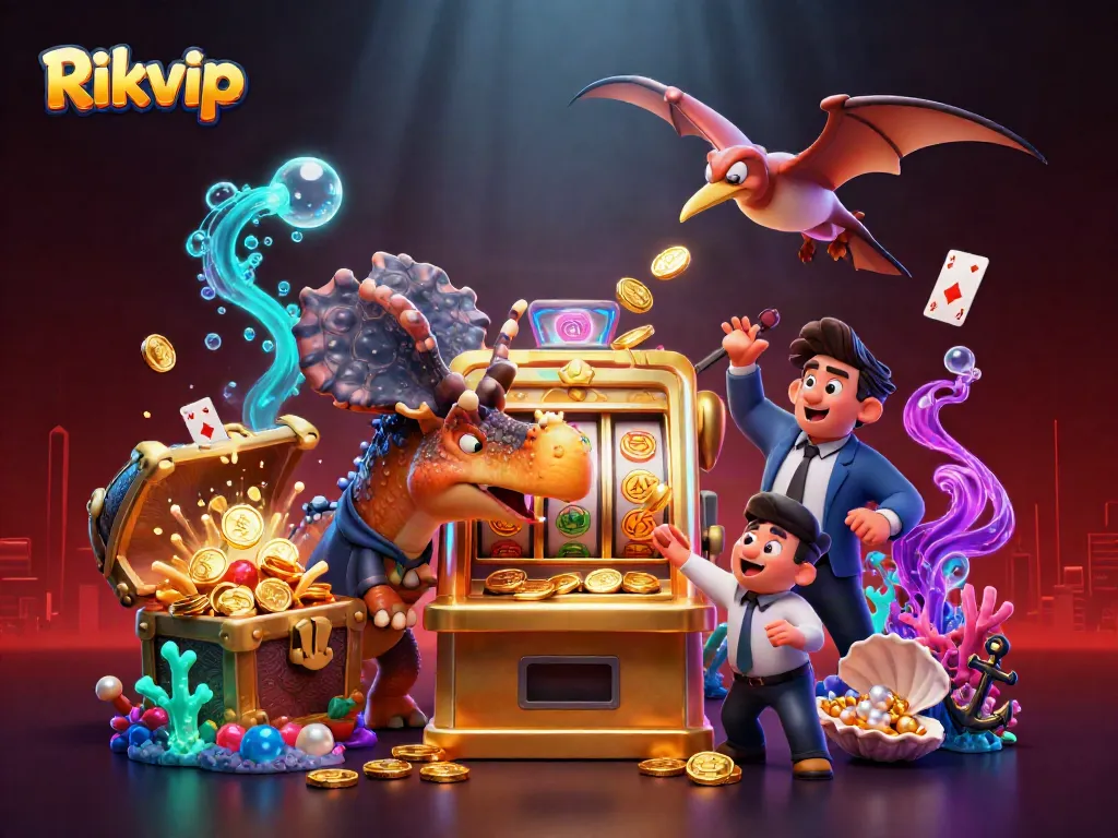 Rikvip casino scene with a pachycephalosaurus, gambling, and jackpot coins in action