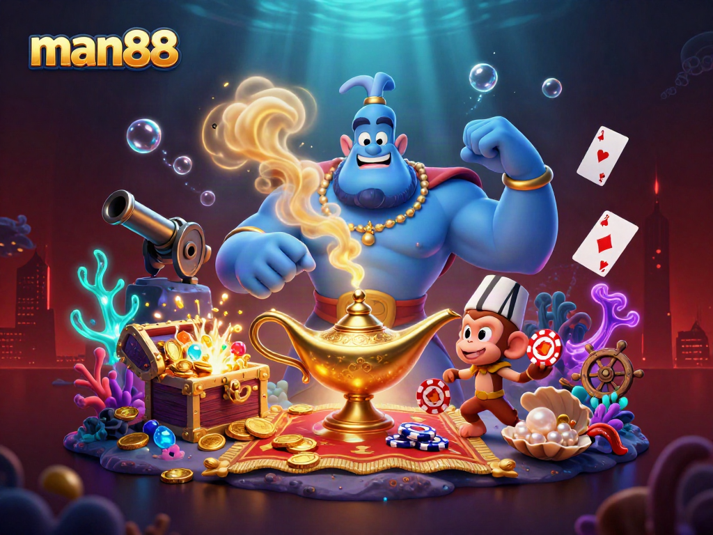 Win at man88 with vibrant casino adventure featuring a magical genie and treasure.