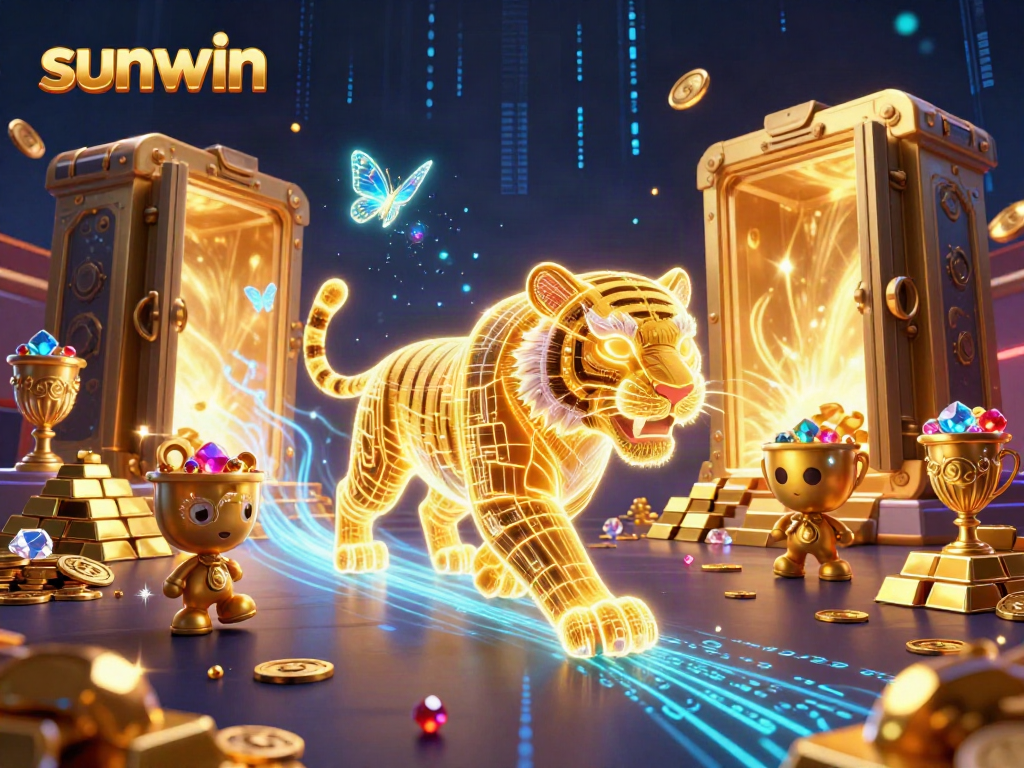 Engage with Sunwin's vibrant casino scene showcasing a golden tiger amidst treasures and holographic effects.