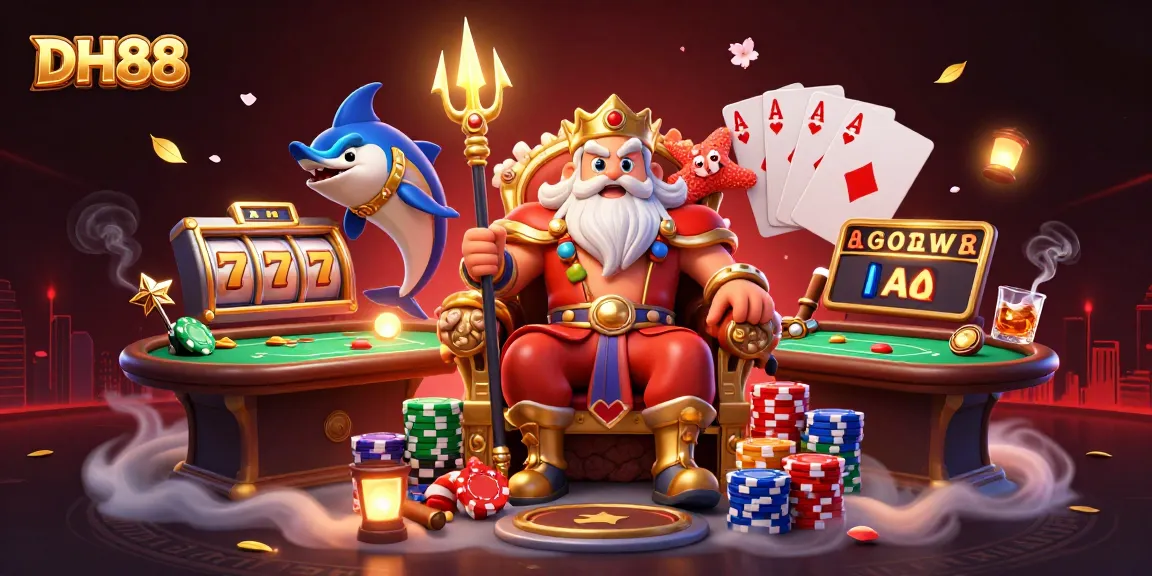 Experience the excitement of DH88 with jackpot slots and poker action in a vibrant 3D illustration.