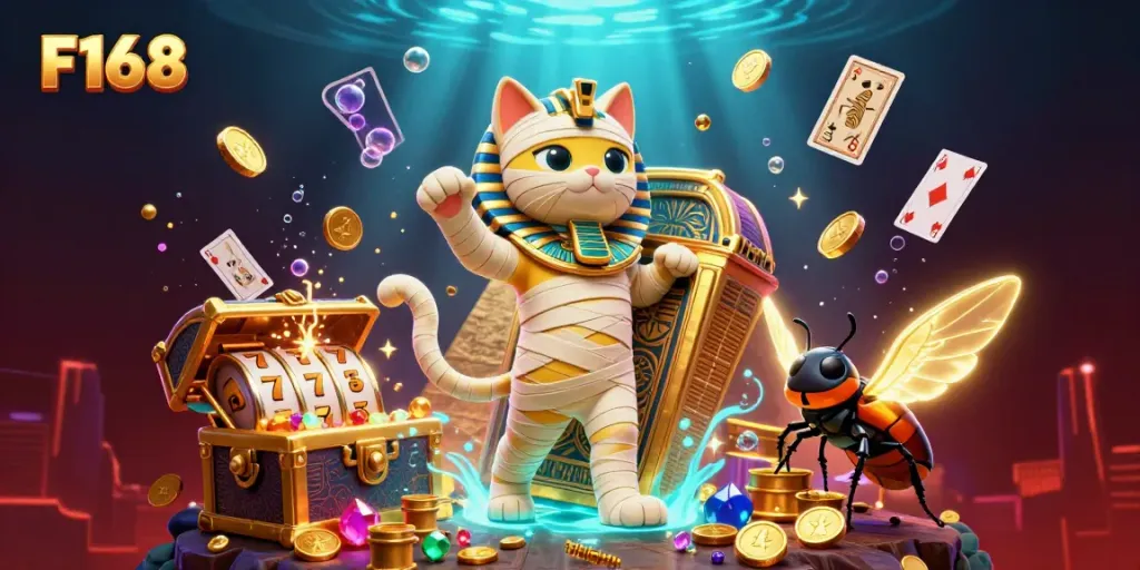 Experience thrilling gameplay at F168 with a dynamic scene featuring an Egyptian mummy cat, sparkling treasures, and glowing playing cards.