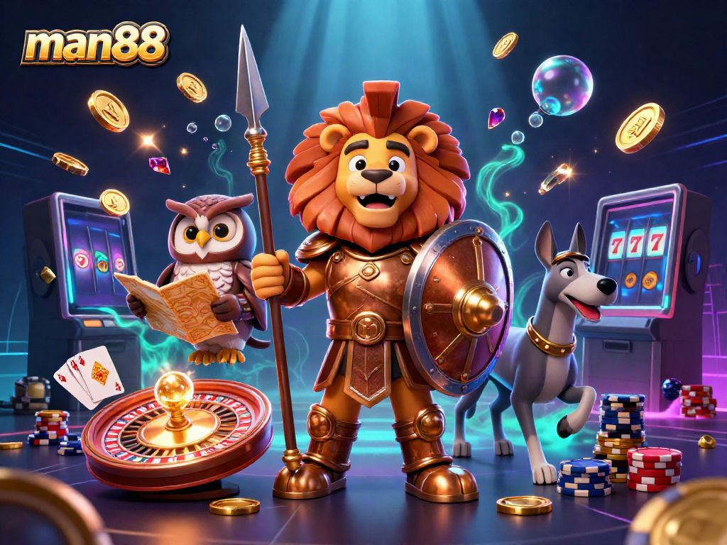 Experience thrilling gameplay at man88 with a Spartan lion, tactical owl, and greyhound amidst extravagant casino elements.