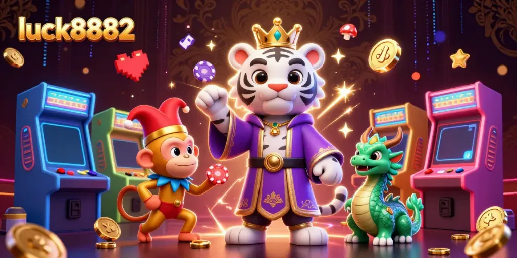 Experience the excitement of luck8882 in a vibrant casino scene with lively characters and game elements