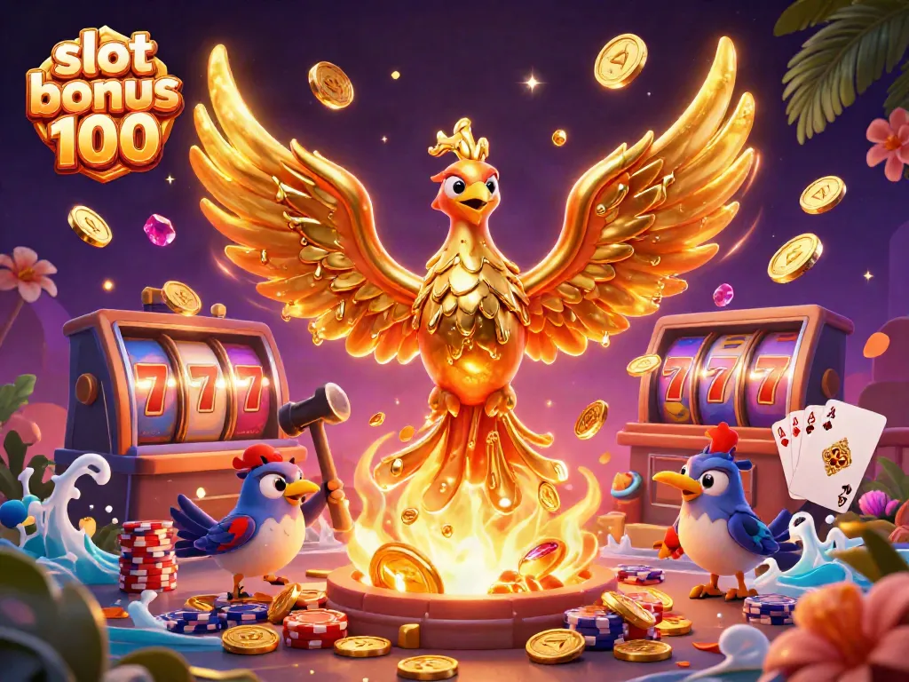 Experience the thrill of winning with slot bonus 100 in a vibrant illustration featuring dynamic slot elements and gold coins.
