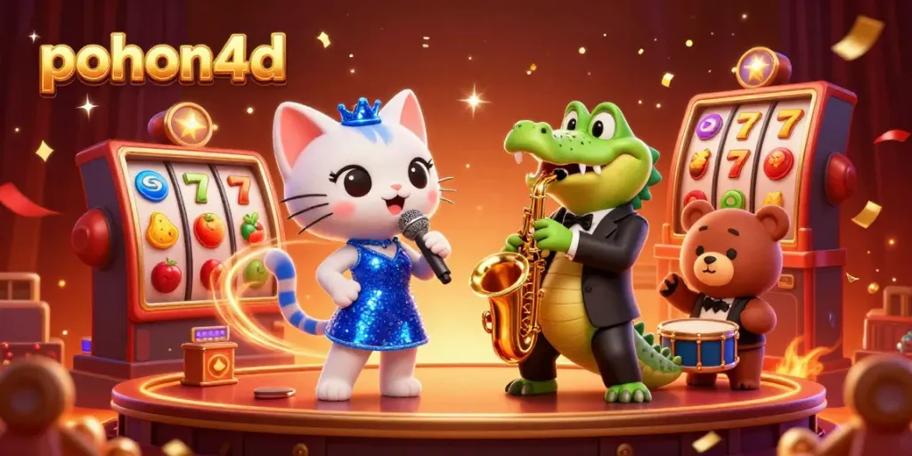 Join the excitement at pohon4d with cartoon characters singing and playing instruments on a lively casino stage.