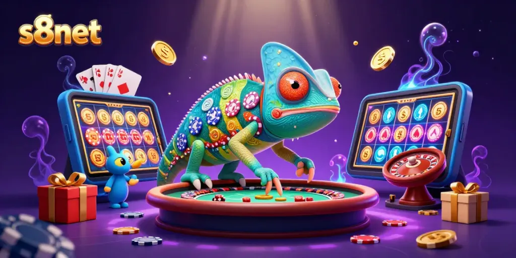 Experience thrilling gaming action with s8net’s vibrant casino illustration featuring a chameleon casino owner.