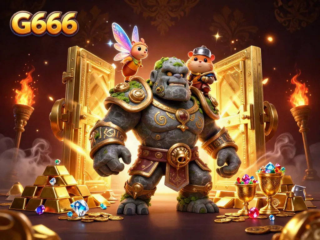 G666 vibrant illustration showcasing a stone golem guardian and fantasy characters engaging in a spectacular treasure-filled casino scene.