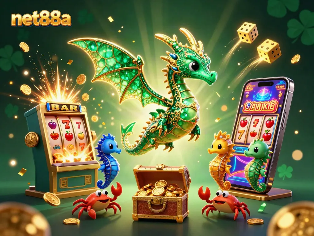 Engage in thrilling gameplay at net88a with a vibrant 3D casino scene featuring a dragon and rich treasures.
