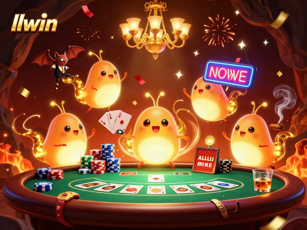 Experience the vibrant llwin casino atmosphere with glowing characters lighting up a poker game scene.