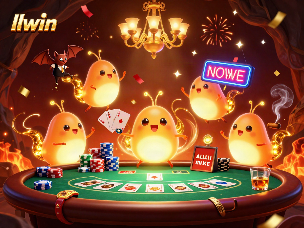 Experience the vibrant llwin casino atmosphere with glowing characters lighting up a poker game scene.