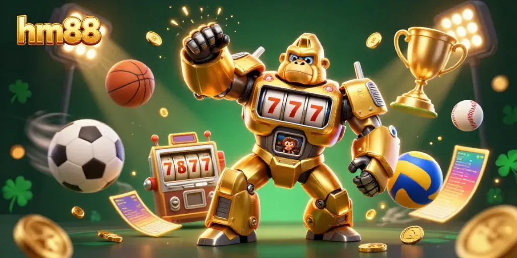 Experience thrilling gaming at hm88 with a dynamic scene of a golden gorilla mech surrounded by casino elements and sports balls.