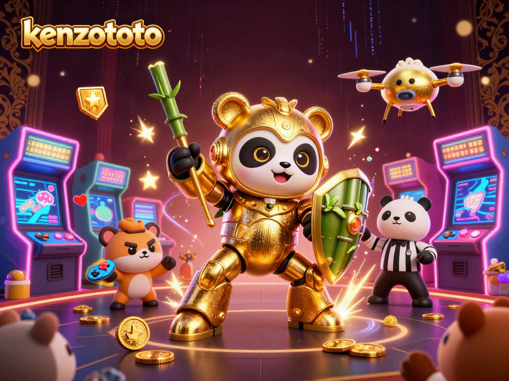 Kenzototo promotes safe gaming with a dynamic 3D illustration of a mech-suit panda in an exciting gaming arena.