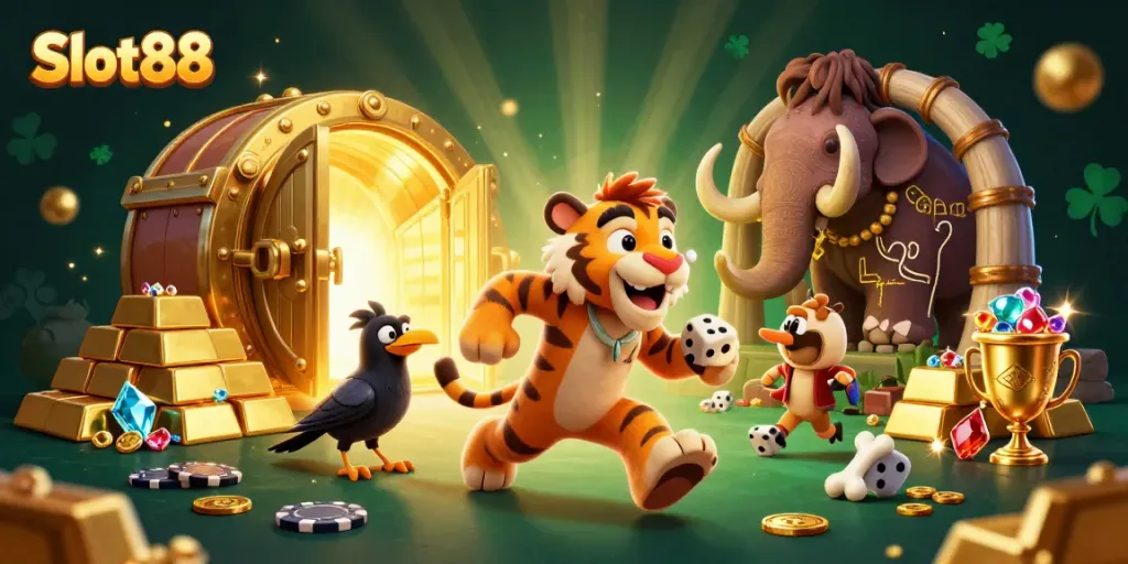 Spin the reels with Slot88, featuring vibrant gems and entertaining characters in a prehistoric casino.