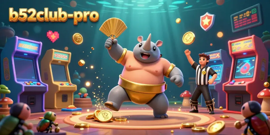 Experience the vibrant excitement of b52club-pro with a 3D scene of a beetle sumo champion in an electrifying casino atmosphere.