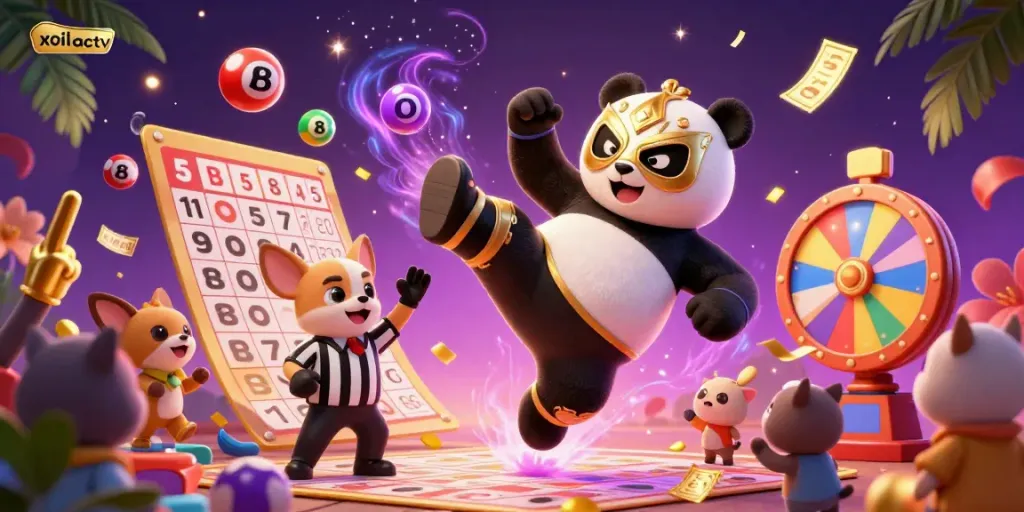 Xoilactv panda wrestler performing a flying kick surrounded by lottery elements and cheering spectators.