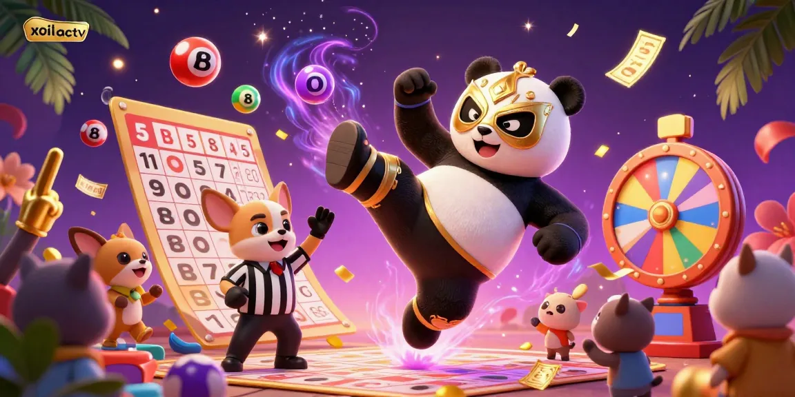 Xoilactv panda wrestler performing a flying kick surrounded by lottery elements and cheering spectators.
