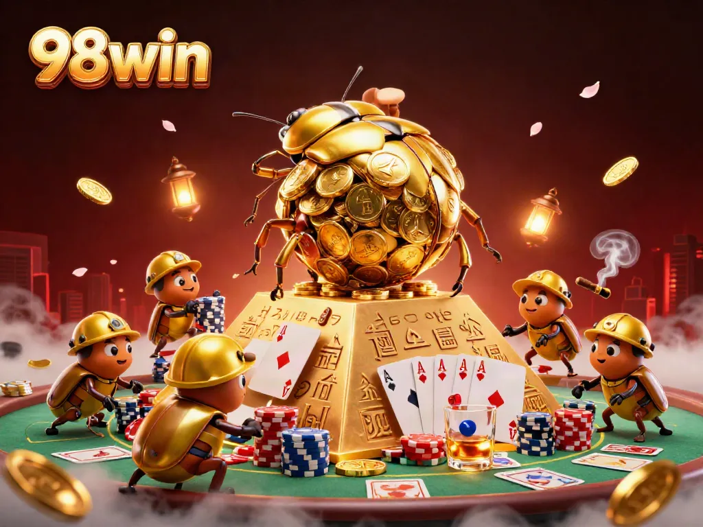 Experience the thrill of 98win with golden beetles rolling jackpots in a vibrant casino scene.