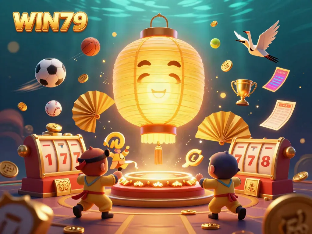 Experience the magic of WIN79 with golden lantern spirits and dynamic casino elements in a vibrant scene.
