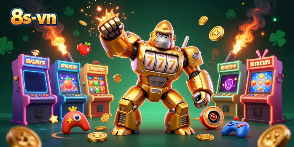 Watch 8s-vn's golden gorilla mech soaring ahead amidst dynamic casino game elements and celebratory coins.