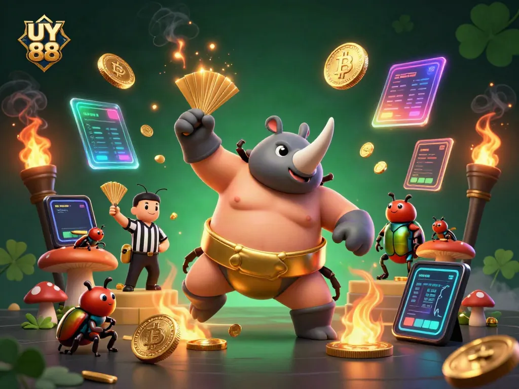 Experience the excitement of UY 88 as a sumo beetle stomps, scattering coins and crypto elements.