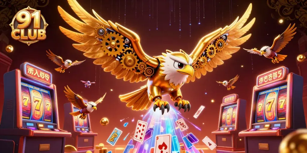 Engaging 91 CLUB promotional illustration showcasing a cybernetic eagle amidst dynamic slot machines and shimmering playing cards.