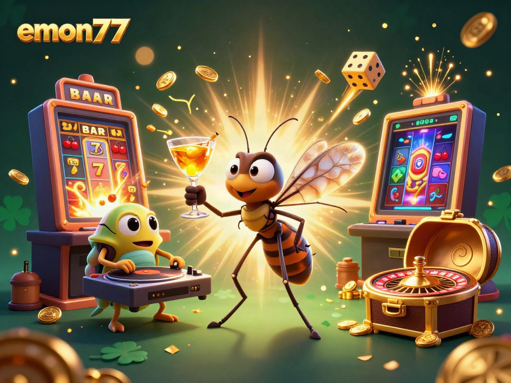 Experience the vibrant casino scene of emon77 with animated characters and dynamic gambling elements.
