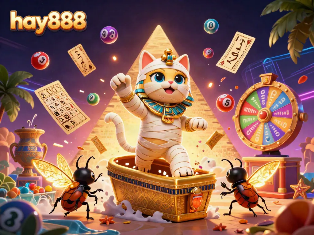 Experience the thrill of hay888 casino with a dynamic scene of a mummy cat and colorful gambling elements.