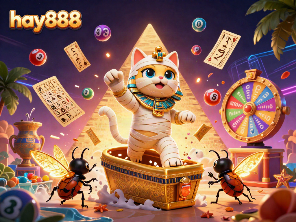 Experience the thrill of hay888 casino with a dynamic scene of a mummy cat and colorful gambling elements.