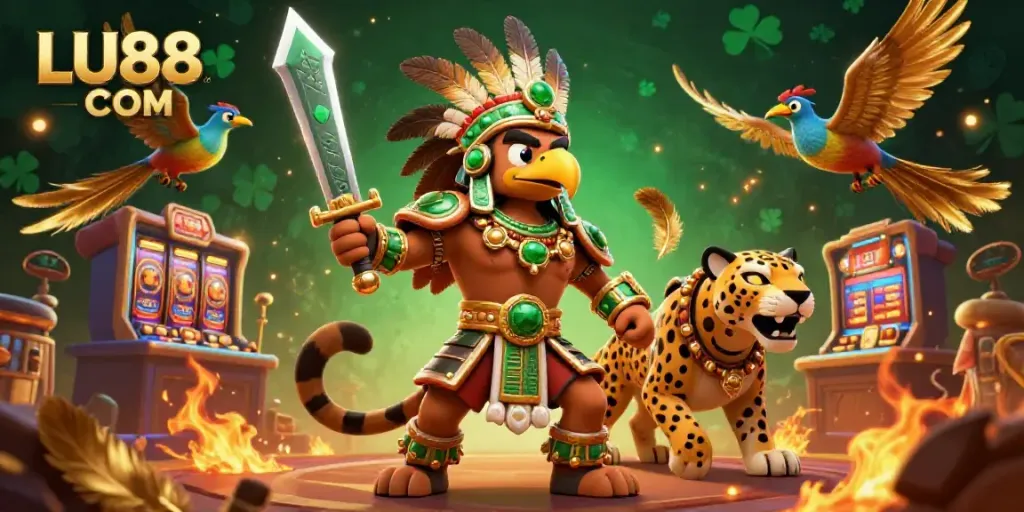 Experience thrilling gameplay with LU88 COM in a vibrant 3D casino illustration featuring heroic characters and dynamic slot elements.