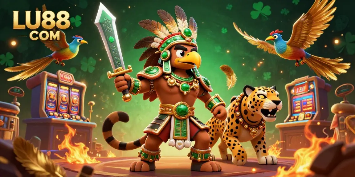 Experience thrilling gameplay with LU88 COM in a vibrant 3D casino illustration featuring heroic characters and dynamic slot elements.