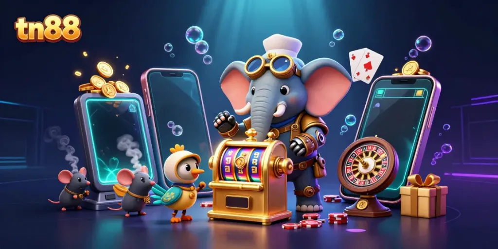 Experience thrilling spins and jackpots at tn88 with a steampunk elephant engineer and golden slot machine.