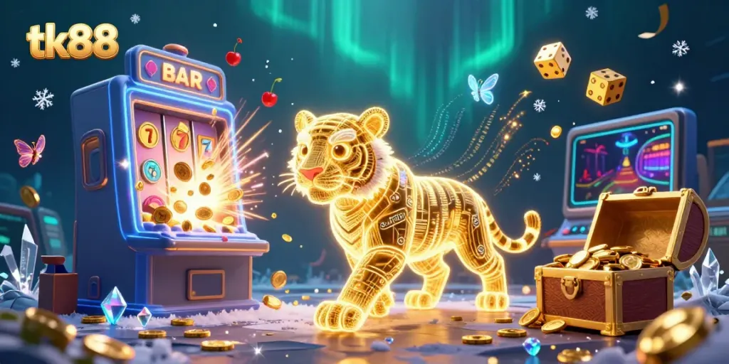 Experience the thrill of tk88 with a vibrant digital casino scene featuring a golden tiger and jackpot excitement.
