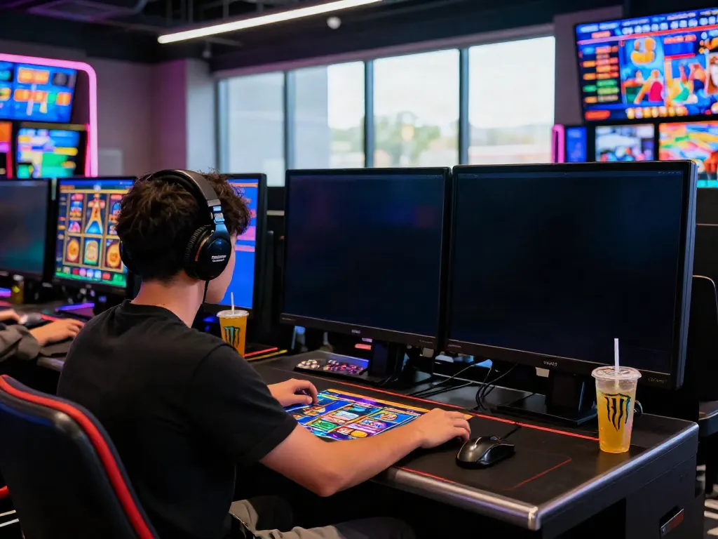 Exciting situs slot gacor gaming environment with vibrant neon lights and a player engaged in online casino action.