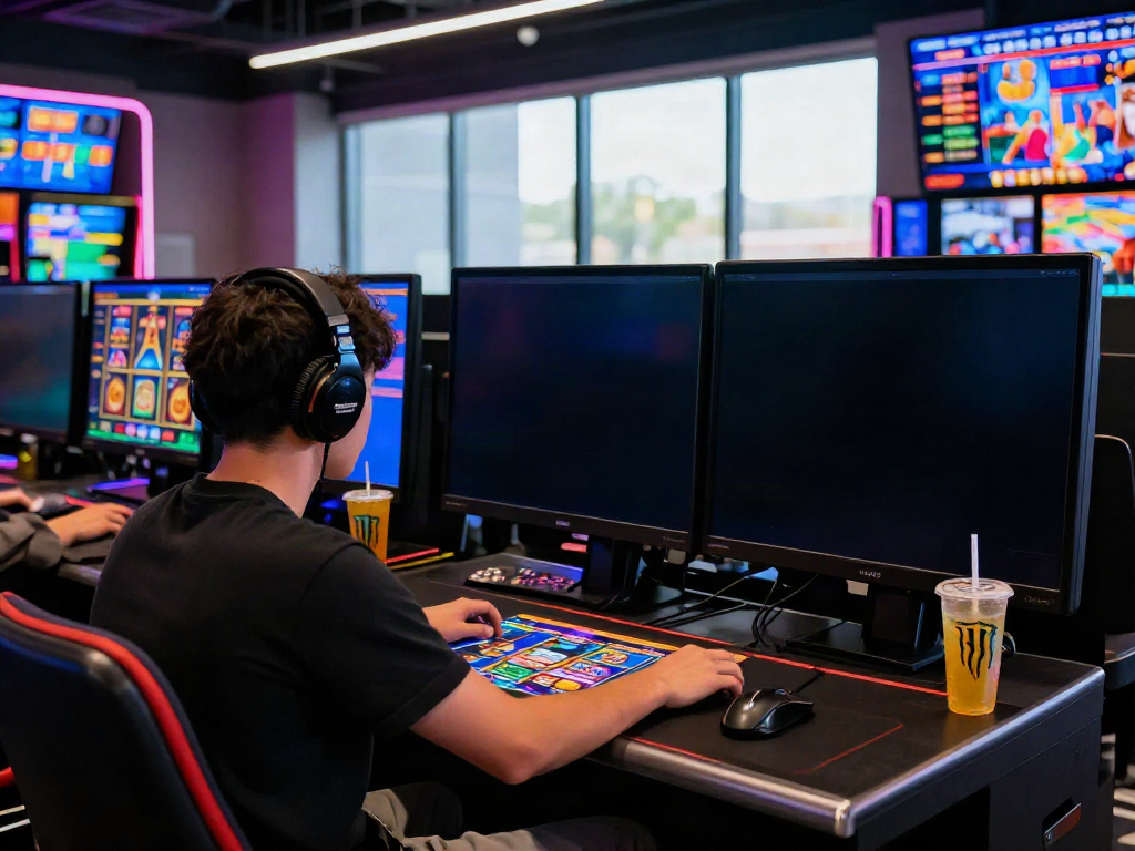 Exciting situs slot gacor gaming environment with vibrant neon lights and a player engaged in online casino action.